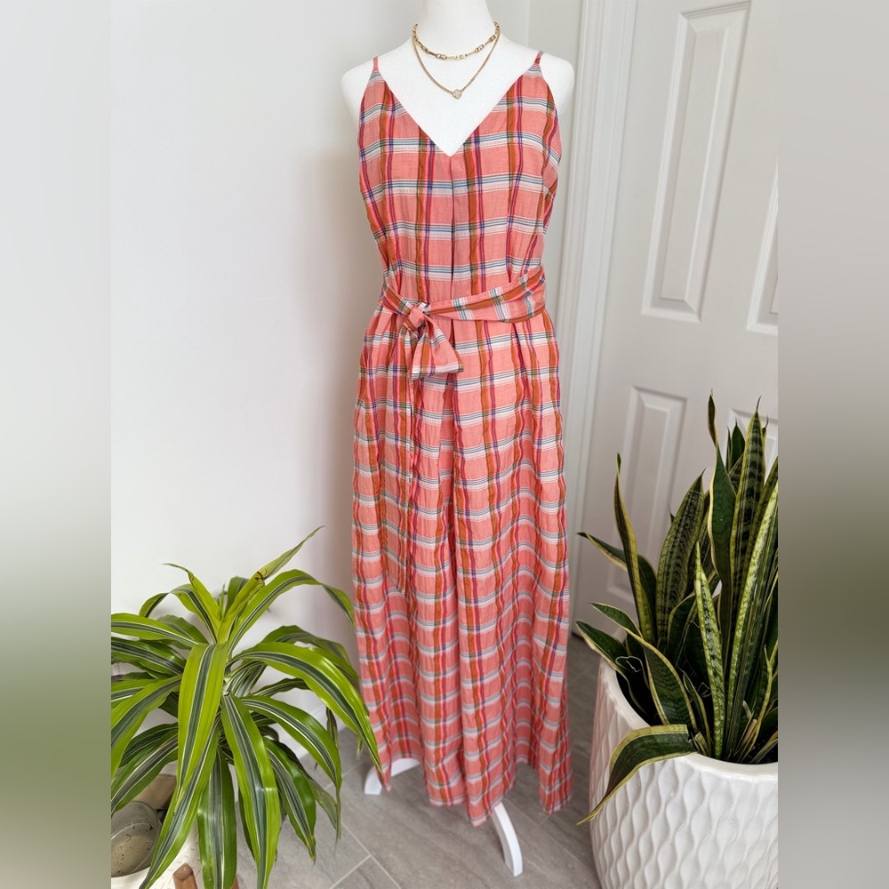 Anthropologie Corey Lynn Calter Waistless Peach Plaid Wide Leg Jumpsuit NWT XS